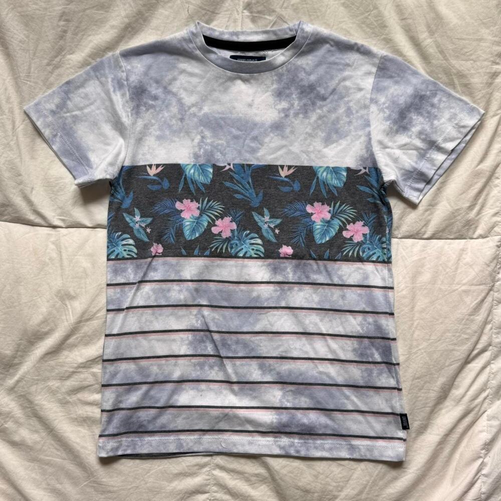univibe Tropical striped t shirt youth sz S‎ casual summer short sleeve floral